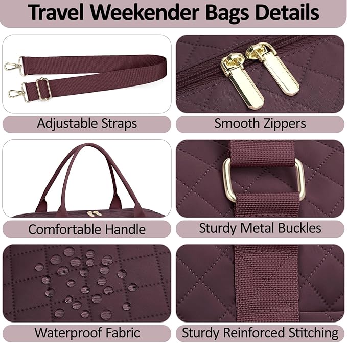 Quilted Travel Duffle Bag for Travel Women with Toiletry Bag, Large Weekender Bags for Women Carry on Duffel Overnight Bag, Waterproof Travel Tote Bags for Sports, Weekender, Business, Red