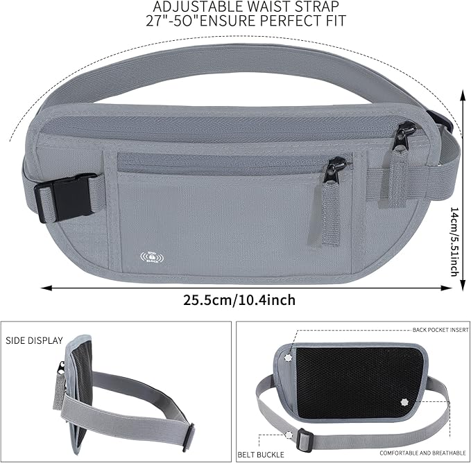 Money Belt for Travel Hidden Travel Pouch Women Men Hidden Rfid Passport Holder for Travel (Grey)