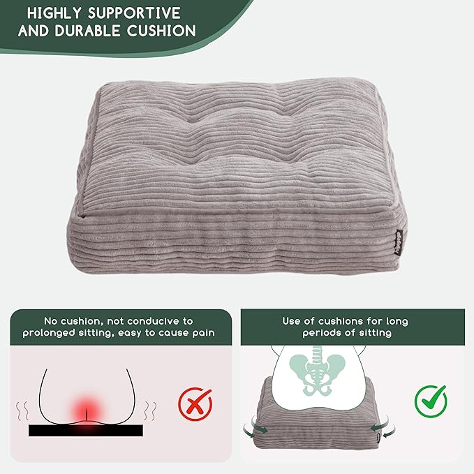 HIGOGOGO Tufted Corduroy Recliner Seat Cushion for Elderly, High Density Foam Large Square Seat Cushion for Recliner Chair, Floor Pillow, Office Chair, Car, No Pressure on Thighs, 20x20x4