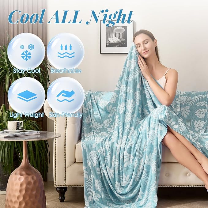 OIGAE Cooling Blanket for Hot Sleepers - Soft & Lightweight Summer Cold Blanket for Night Sweats | Perfect for Bed, Couch, Sofa (Green, King 90" x 108", Tropical)