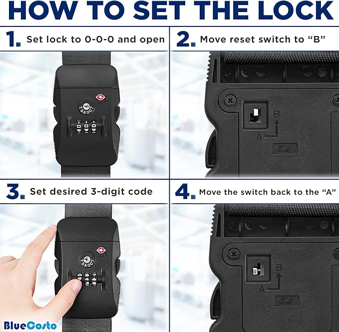 BlueCosto - Luggage Strap with TSA Lock - 7 to 13 ft Adjustable, Jet Black - TSA Approved Suitcase Security Belt with 3 Digit Combination Locking - 2" Wide Heavy Duty Baggage Strap for Secure Travel