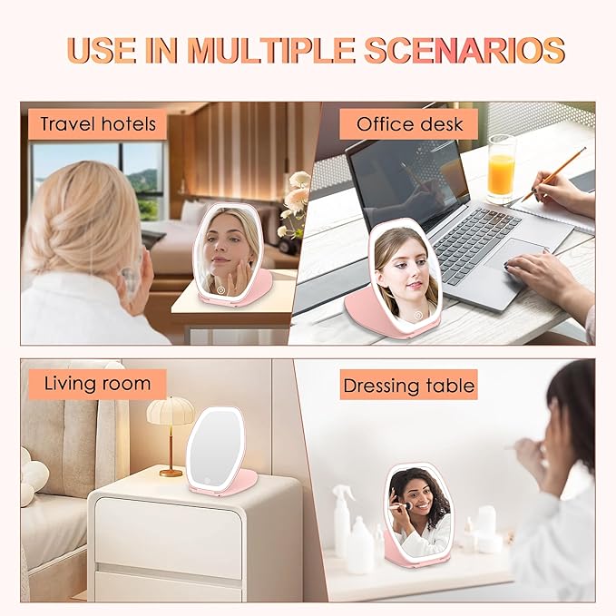 COSYGLOW Travel Makeup Mirror with Light: 3 Color Lighting Portable Mirror with Touch Screen Rechargeable Adjustable LED Lights Hexagon Vanity Mirror for Travel, Desk, Home (Pink)