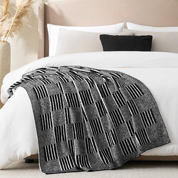Snuggle Sac Black Faux Fur Checkered Blanket Twin Size with Soft Knitted Microfiber,Reversible Soft Cozy Warm Blanket for Sofa Bed,Lightweight Striped Blankets for Women,Heather Black,60x80 inches