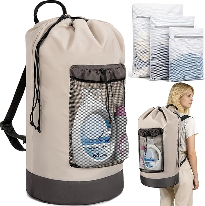 Laundry Bag Backpack with 3 Sizes Mesh Wash Bags and Shoulder Straps Foldable Clothes Hamper Bag with Drawstring Closure for College, Apartment, Laundromat (Grey)