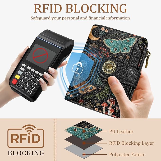 Icycay Butterfly Small Wallet Women RFID Blocking Bifold, Credit Card Holder, Zipper Coin Pocket, PU Leather, Compact, Travel, 4 ID Window, 14 Card Slots, Cash Purse, Ladies Woman Female Girls