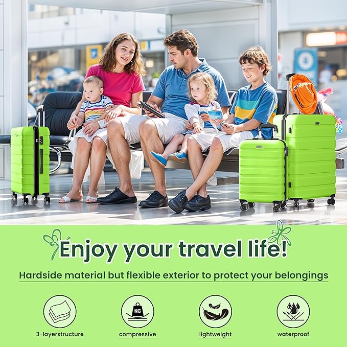 AnyZip Luggage Sets 4 Piece Hardshell Suitcase Set PC ABS Lightweight Travel Suitcases with 4 Double Spinner Wheels TSA Lock 20 24 28 32 Inch Apple Green