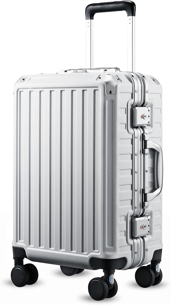 Carry On Luggage with Spinner Wheels, 8010S Aluminum Frame Zipperless Polycarbonate Hard Shell Suitcase (ZX-Core, Silver, 20 Inch)