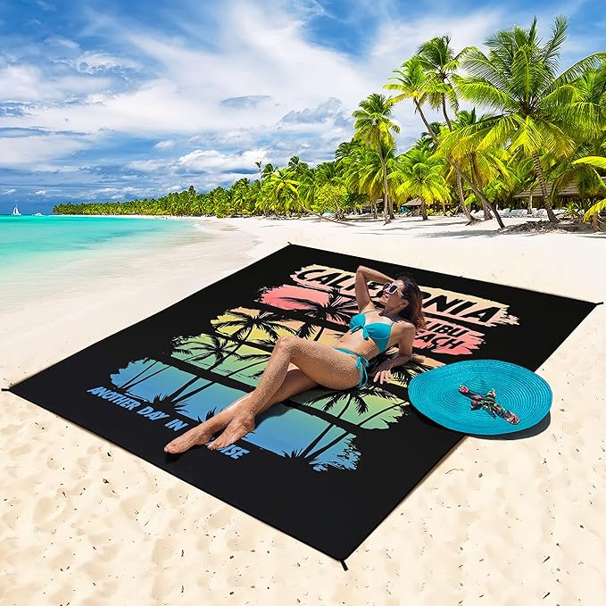 Beach Blanket Waterproof Sandproof Beach Mat 79”x 83” for 1-8 Adults Quick Drying Durable Outdoor Picnic Mat for Beach Festival Travel Camping Hiking (Rainbow Cocotree-California, 79"×83"(4 Person))
