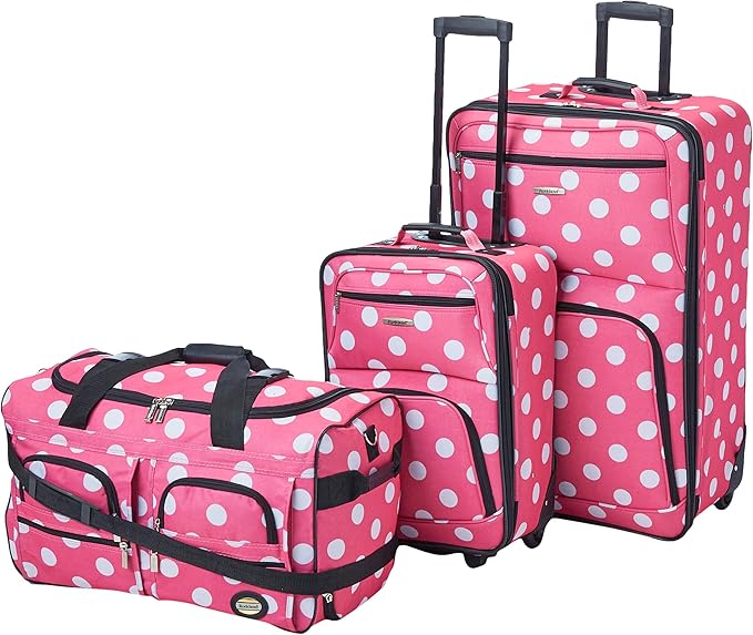 Rockland Vara Softside 3-Piece Upright Luggage Set, Expandable,Lightweight,Telescopic Handle,Wheel, Pink Dots, 20 inches,22 inches,28 inches