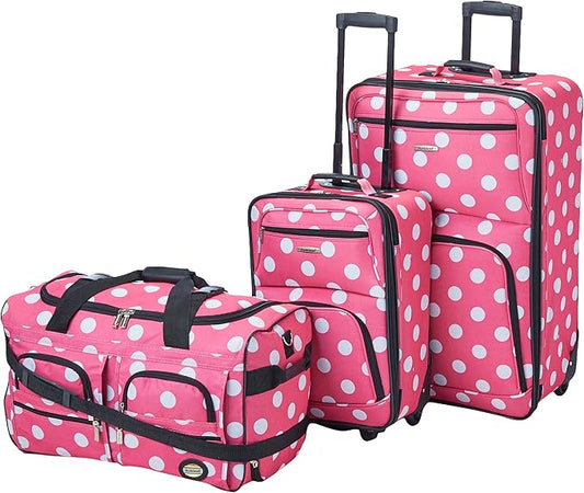 Rockland Vara Softside 3-Piece Upright Luggage Set, Expandable,Lightweight,Telescopic Handle,Wheel, Pink Dots, 20 inches,22 inches,28 inches