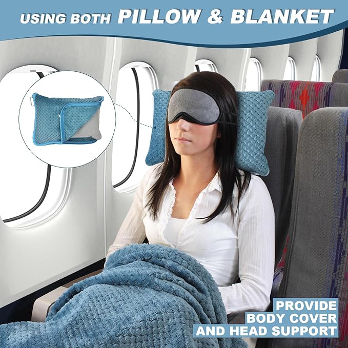Travel Blanket Airplane Compact with Bag, Travel Essentials 3 in 1 Packable Airplane Blanket, Travel Pillow and Blanket Set, Inflatable Pillow, Luggage Sleeve & Backpack Clip (Slate Blue)