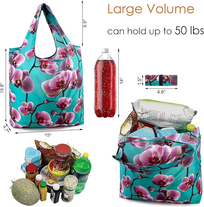 BeeGreen 12 Packs Flower Reusable Grocery Bags Reusable Tote Bags Extra Large 50LBS Cute Floral Design Foldable Reusable Bags for Women Men Lightweight Durable