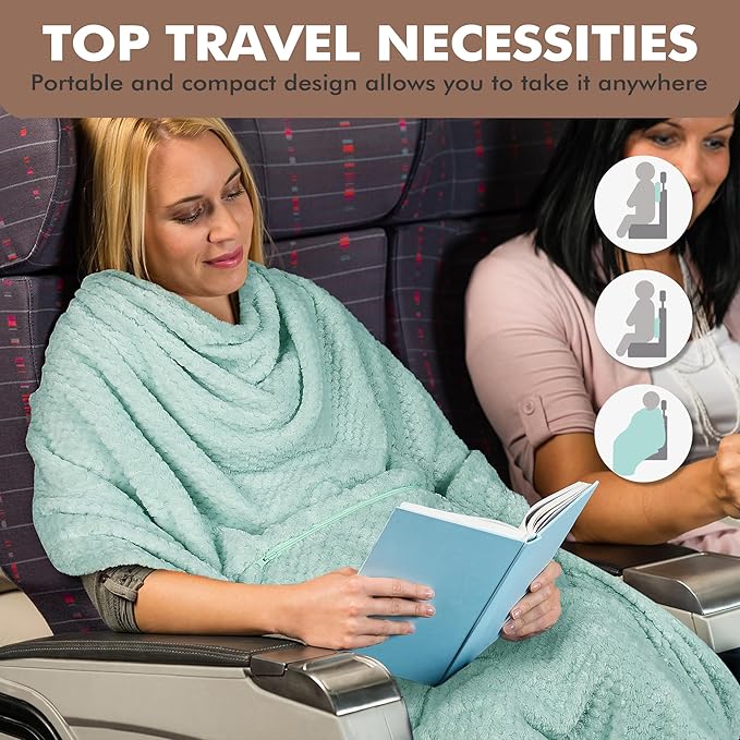 Tirrinia Travel Blanket and Pillow Set, Soft Compact Airplane Blanket with Foot Pockets, 4-in-1 Travel Essentials for Women Men, Portable Travel Gifts for Her, Travel Blanket for Airplanes, Cars