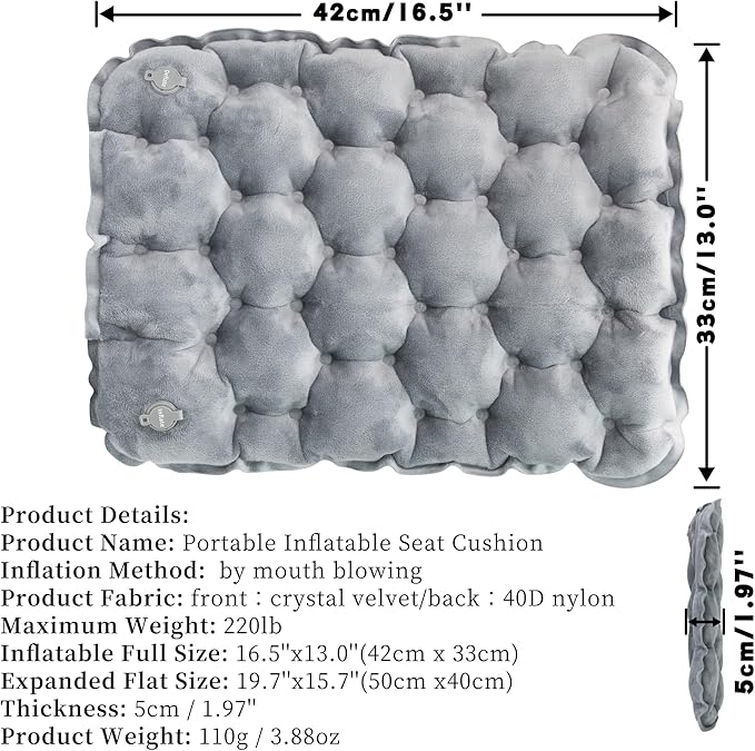 Inflatable Seat Cushion, Lightweight Camping Air Sitting Pad with Repair Cloths, Waterproof Air Cushion, Portable Air Seat Cushion for Climbing Hiking Office Airplane Car Stadium Seat