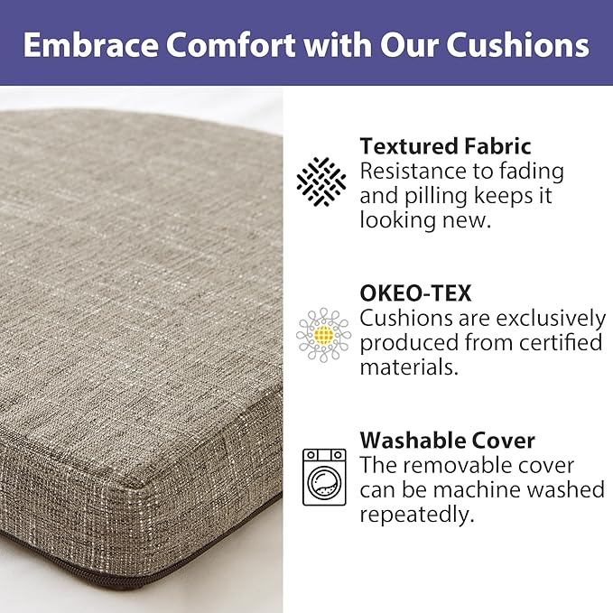 Chair Cushions for Dining Chairs with Ties and Removable Cover, Dining Kitchen Chair Pads with Non-Slip Bottom, High-Resilience Indoor Seat Cushions, 16'' x 16'' x 2'', Set of 6, Khaki