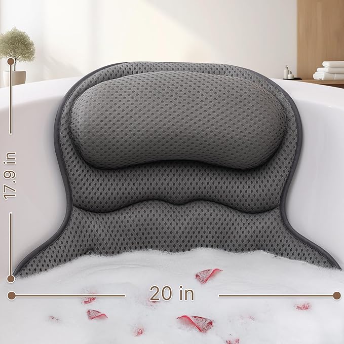 Bath Pillow, Luxury Bath Pillows for Tub, Relaxing Bathtub Pillows for Head and Neck Support, with 4D Air Mesh Fabric and Powerful Suction Cups, Great Bath Tub Accessories, Gray
