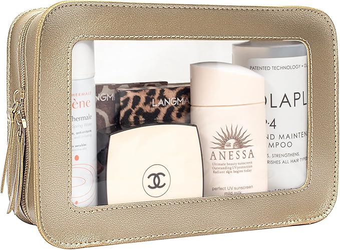 LETGO Clear Makeup Bags for Travel, TSA Approved Toiletry Bag with Zipper, Cosmetic Organizer Fit Carry-on, Car Accessories for Women Men (Clear-Golden)