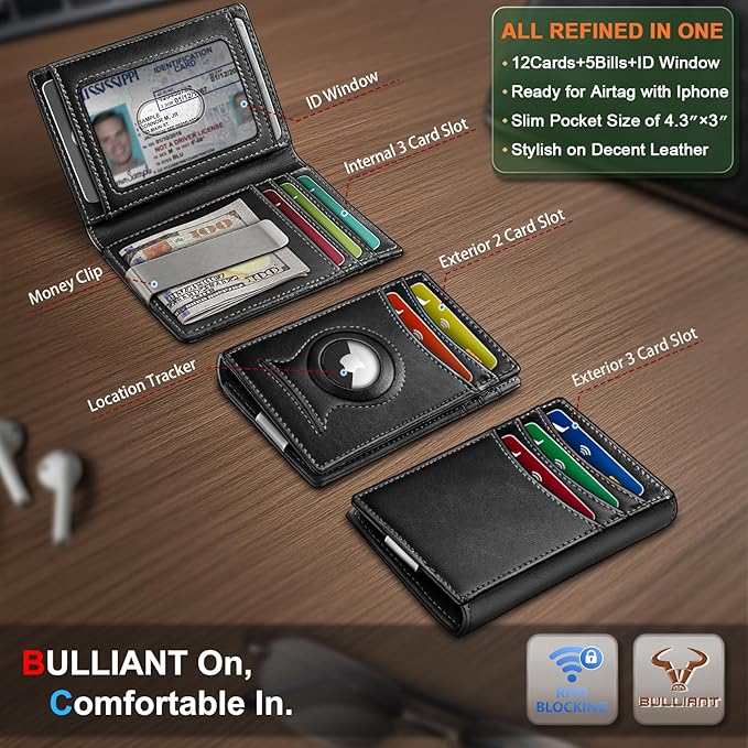 BULLIANT Men Airtag Wallet,Slim Wallet Money Clip Card Holder Magnetic Closure 12 Cards in Front Pocket RFID Blocking