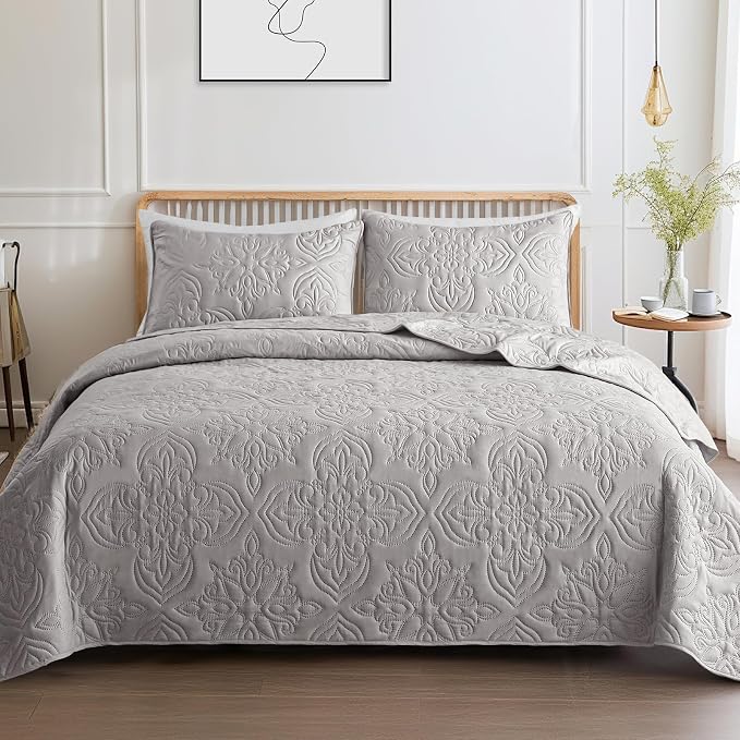Whale Flotilla Twin Quilt Bedding Set Vintage Damask Reversible Bedspread | Suitable for Bed, 2 Pieces Light Grey Lightweight Breathable Quilts Twin Size, Ultrasonic Coverlet with 1 Pillow Sham
