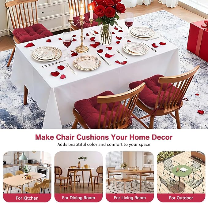 BETU Chair Cushions for Dining Chairs Set of 4,3.5" Thick Kitchen Table Chair Pads with Ties,Non Slip Backing and Covers, Christmas Decor Seat Cushion for Dining Room,Bar,Patio Chairs,16"X16"X3.5",Red