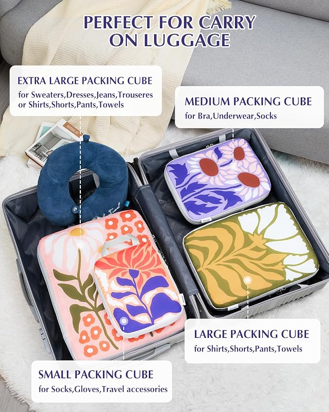 Gonex Compression Packing Cubes, 4pcs Expandable Storage Travel Luggage Bags Organizers, Travel Cubes for Suitcase Carry On (Flowers)