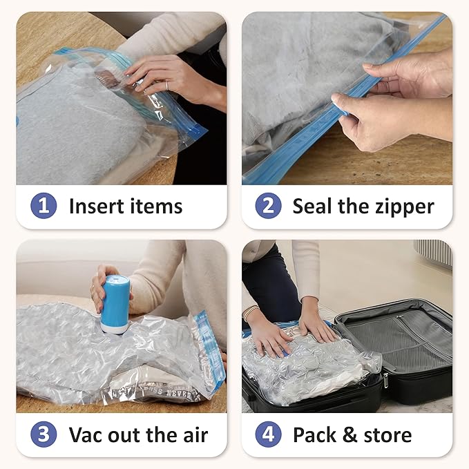 Cozy Essential Travel Vacuum Storage Bags with Rechargeable Cordless Electric Pump, Space Saver Bags for Luggage, Suitcase, Carry-On, for Clothes, Blankets, Comforters, Pillows, 15 Combo
