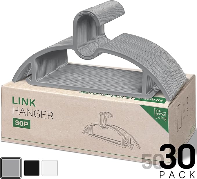 15" Compact Slim & Slimlink Interlocking Clothes Hangers, Space-Saving Lightweight Plastic Hangers for Small Closets, Dorms, Apartments, Travel, RVs & Petite Clothing (Gray, 30)