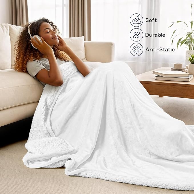 Utopia Bedding Sherpa Blanket California King Size (White, 102x96 Inches) - Soft Lightweight Plush Fleece Reversible Blanket for Bed, Sofa, Couch, Camping and Travel