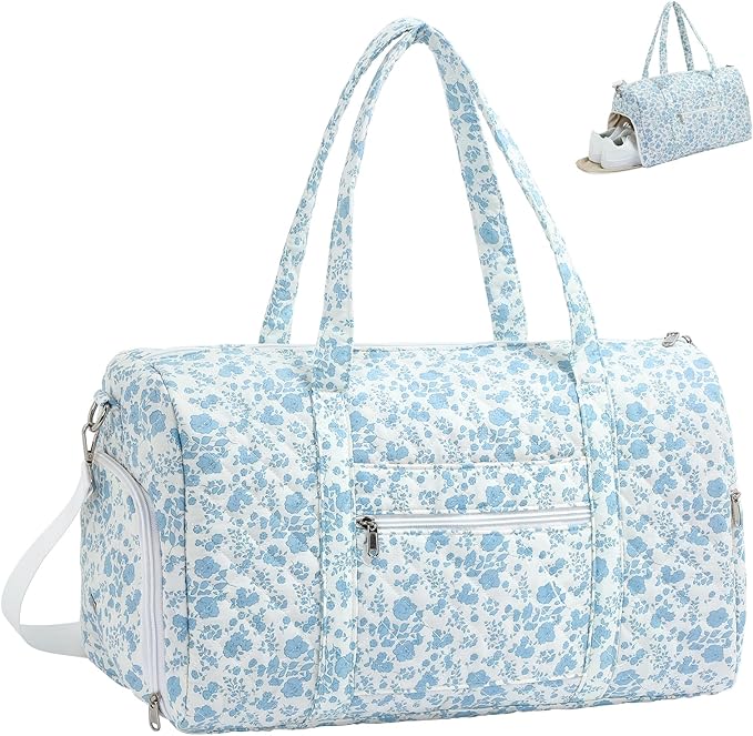 Duffle Bag, Gym Bag for Women, Quilted Duffle Bags, Travel Large Capacity Floral Weekender Bags with Shoe Compartment