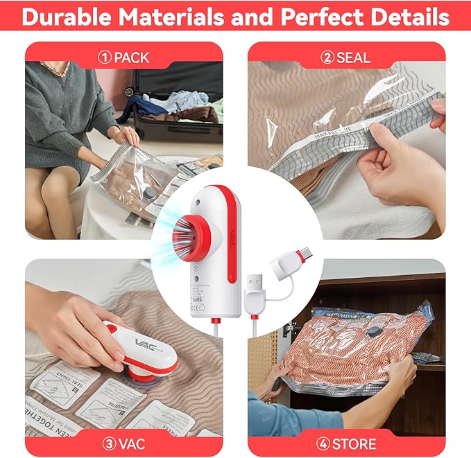 Travel Vacuum Bags with USB and TYPE C Pump Pump,9 Pack Vacuum Storage Bags,vacuum for bags storage, Powerful -58KPa Suction for Luggage,Travel and Home Use for Clothes and Blankets（Red）
