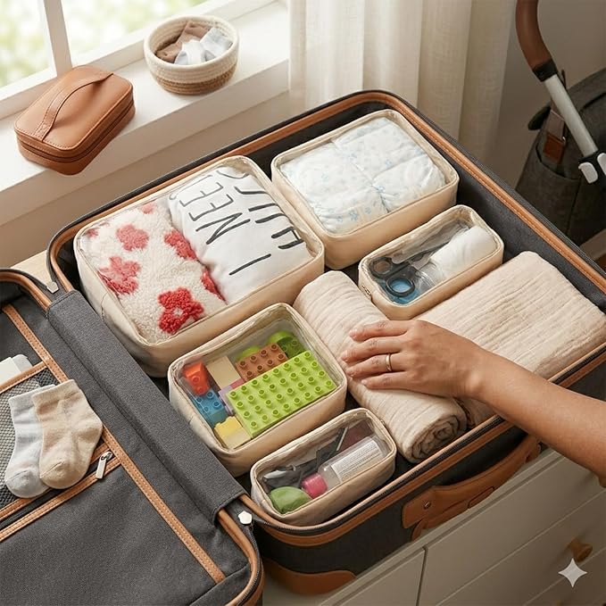 TSA Approved 5-Piece Diaper Bag Organizer Pouch Set Clear Waterproof TPU Kids Toiletry Storage Set Travel Packing Clutch Cube Bags for Baby Nursing(Cream leather)