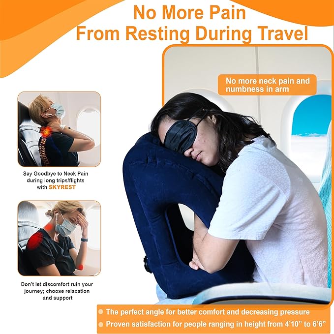 Inflatable Travel Pillow - Airplane Pillow for Neck Support on Planes, Buses, Cars, Office & Trains - Comes with Eye Mask, Earplugs & Portable Drawstring Bag (Blue)