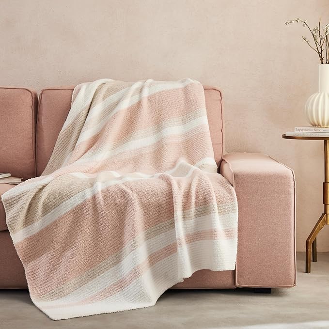 Throw Blanket, Soft Cozy Fluffy Striped Throw Blankets for Couch, Sofa, Bed, Chair, Warm Fuzzy Plush Lightweight Decorative Stripe Blanket, Pink Khaki, 50x60 inches