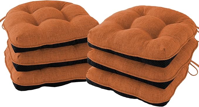 Chair Cushions for Dining Chairs Set of 6, Kitchen Chair Cushions, Chair Pads with Ties and Non Slip Backing, Tufted Memory Foam Seat Cushion 6 Pack, 15.5" x 15.5" x 4", Orange
