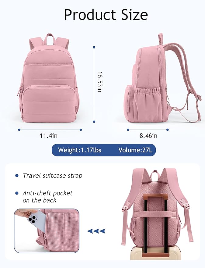 Travel Backpack for Women, 15.6 Inch Laptop Backpack, Quilted College Bookbag, Cute Work Backpacks, Water Resistant
