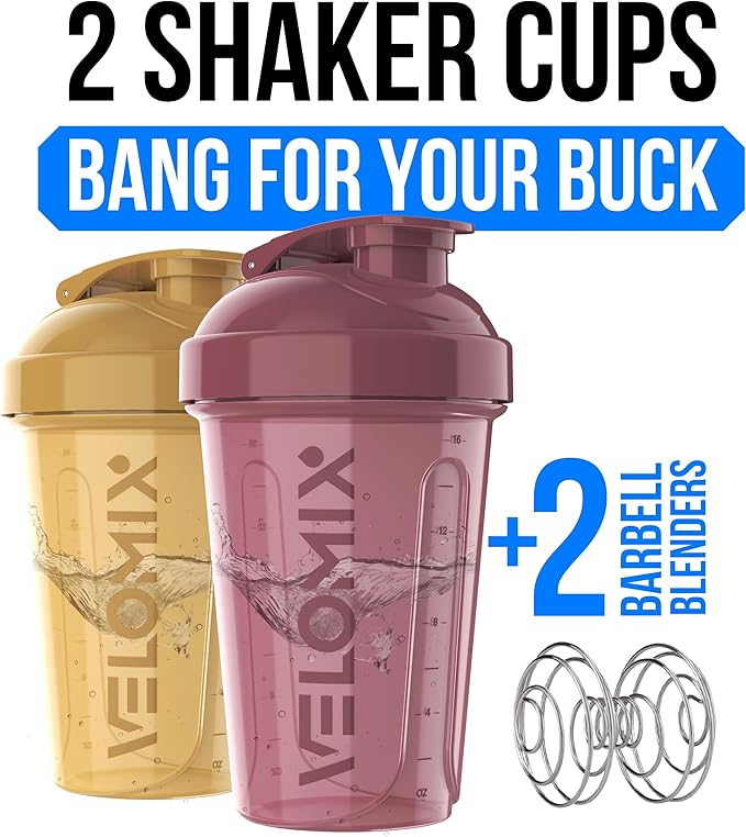 VELOMIX -2 Pack- 20 oz Protein Shaker Bottles for Protein Mixes - 2x Wire Whisk | Leak Proof Shaker Cups for Protein Shakes and Pre Workout | Protein Shaker Bottle Pack (Berry Surf)