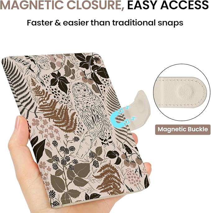 Passport Holder for Travel Essentials, RFID Blocking Leather Cover Wallet with Magnetic Closure, Aesthetic & Cute Passport Book Case for Women and Men - Owl