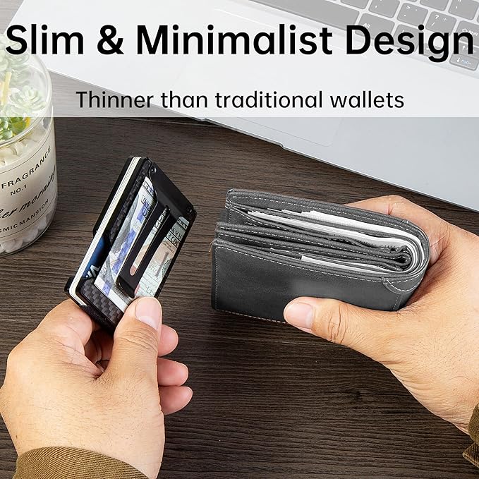 Minimalist Carbon Fiber Wallet for Men, Money Clip Cash Strap Wallet, RFID Blocking Metal Wallet Aluminum Card Holder,Front Pocket Wallet(Carbon Fiber)