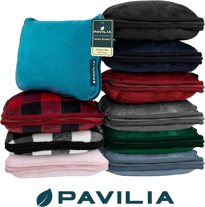 PAVILIA Travel Blanket Pillow, Soft Airplane Blanket 2-IN-1 Combo Set, Plane Blanket Compact Packable, Flight Essentials Car Pillow, Travelers Gifts Accessories Luggage Backpack Strap, 60x43 Teal Blue