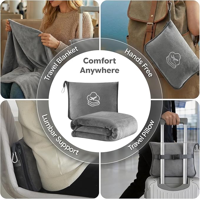 Travel Blanket, Soft 2-in-1 Airplane Blanket, 65x40 Inches, Travel Essentials Car Blanket with Luggage Sleeve & Backpack Clip (Light Grey)