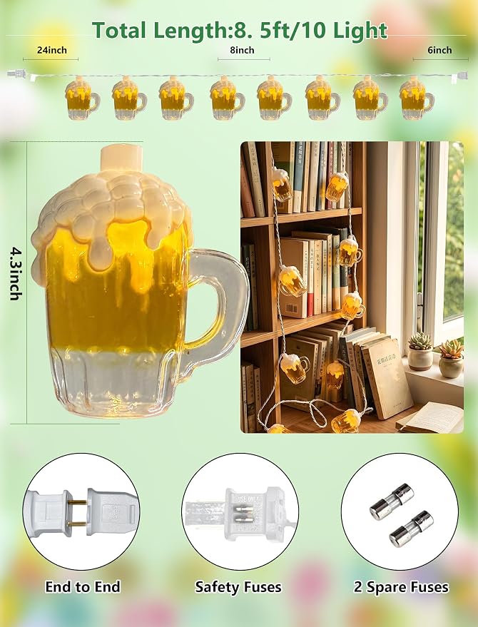Outdoor Beer Mug String Lights Plug in, 8.5Ft 10 LED Tropical Beach Theme Beer String Lights for Cinco de Mayo Party Decorations, Hanging Tropical Party Lights Waterproof for Backyard Garden Bar Patio