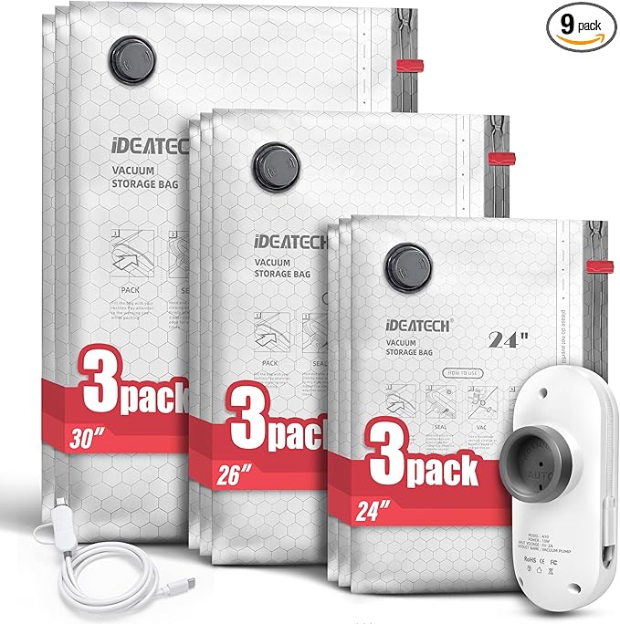 IDEATECH Travel Vacuum Bags with USB Pump, Space Saver Vacuum Seal Bags for Clothes & Luggage, Reusable Compression Packing Bags for Suitcase & Home Storage, Carry-On Travel Pack-3S+3M+3L