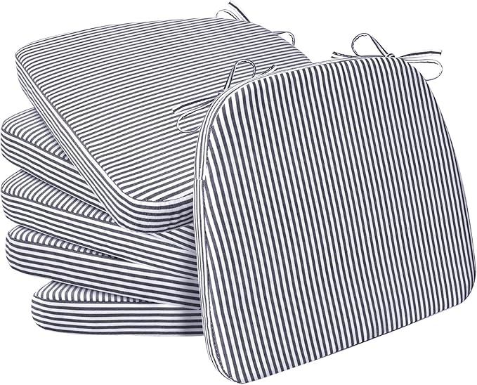 AAAAAcessories D-Shaped Chair Cushions, Featuring Ties and Removable, Machine-Washable Cover, 2'' Thick Seat Pads for Kitchen and Dining Rooms, 17'' x 16'', Set of 6, Pinstripe Dark Gray