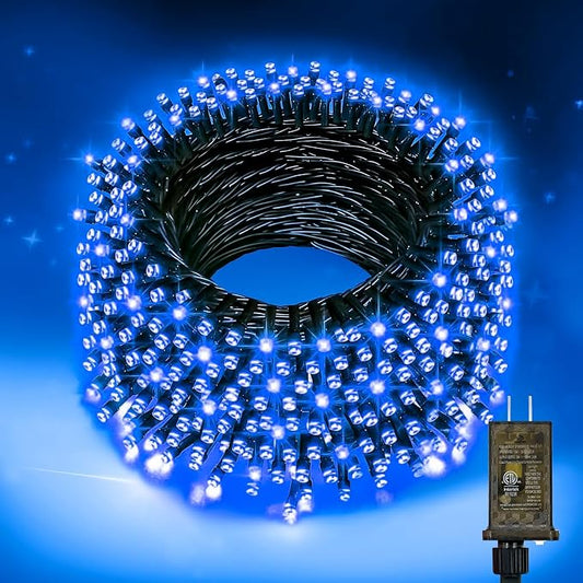 Nisocy 100FT Blue Christmas String Lights, Green Wire LED Mini Lights with 8 Modes and Timer, Plug-in Indoor Outdoor Lights for Trees, Porches, Fences, July 4th, Halloween and Holiday Decor