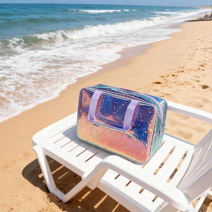 Holographic Purple Star Large Cosmetic Bag and Travel Pouch with Handle,Durable Material,Zipper Design-Ideal for Makeup,Travel Essentials (Purple Handle)