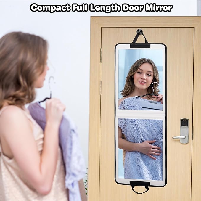 LPHUMEX Foldable Full Length Mirror White with Black Handles Hanging, 13x33 inch Portable Folding Body Mirror for Dance, Festival, Travel