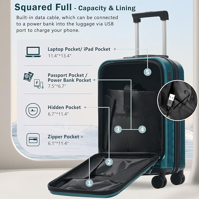 Merax Luggage Sets 3 Piece,Front Open Hardshell Expandable Suitcase with Spinner Wheels and Duffel Bags,Lightweight Carry on Luggage with USB Port,20/24IN,Dark Green