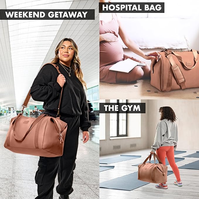 Fit & Fresh Neoprene Weekender Bag for Women – Carry-On Friendly Travel Duffel with Expandable Sides, Trolley Sleeve & Pockets – Lightweight, Water-Resistant Overnight Bag for Weekend Trips + Gym