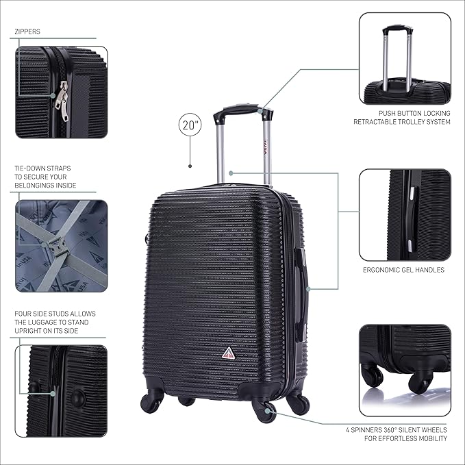 InUSA ROYAL Hardside Luggage with Ergonomic Handles | Spacious Travel Suitcase with Four Spinner Wheels and Studs | 20 Inch Hardside Carry-On Spinner Luggage | Black