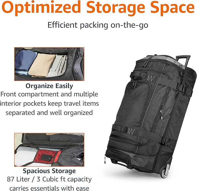 Amazon Basics 30-Inch Large Rolling Duffel Bag with Wheels and Handle, Durable Ripstop Polyester, 2 Layers of Space, Multiple Interior and Exterior Pockets, Black